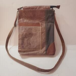 Mona B Crossbody Canvas Leather Bag Green Grey Brown